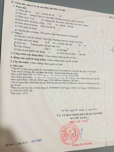 Bán Nhà : 304/20 Tân Kỳ Tân Quý P.Sơn Kỳ Q.Tân Phú -dt:4x8m trệt 1 lầu