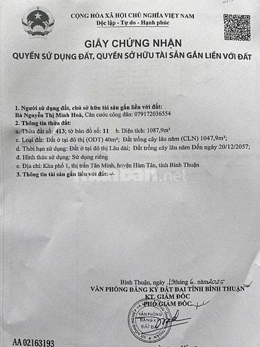 Chính chủ bán đất 1087.9m2, 2,2 tỷ tại Tân Minh, Hàm Tân, Bình Thuận