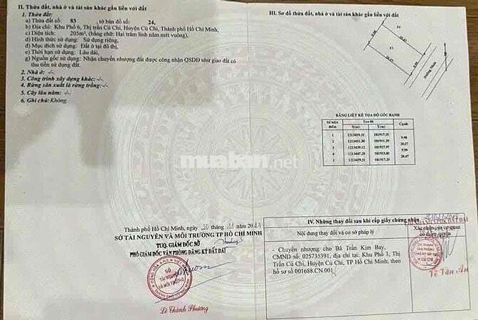 Chủ nhà ra nước ngoài định cư nên cần bán đất ở HVC Củ Chi 205m2