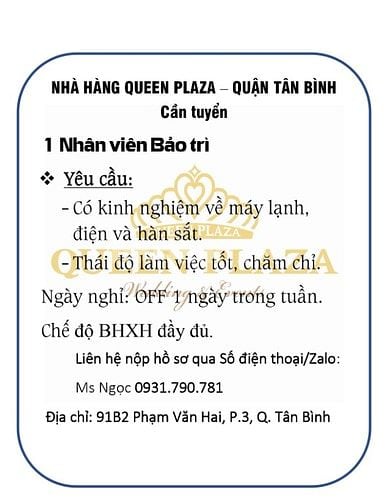 Tuyển 1 nhân viên Bảo trì làm việc tại quận Tân Bình