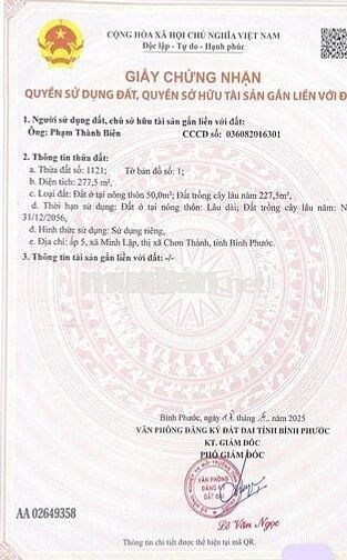 Đất đẹp minh lập,327m2,n 5 dài 65,44,thửa 1126,tờ số bản đồ số 1