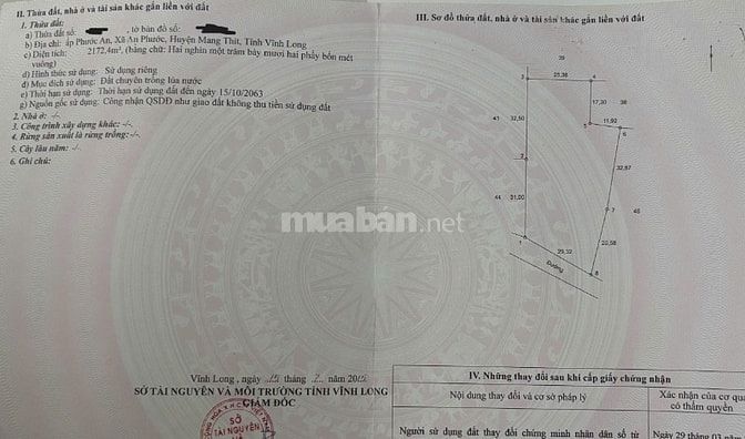 Bán đất tại An Phước, Mang Thít, Vĩnh Long, 2,8 tỷ, 2172,4 m2, giá ưu 