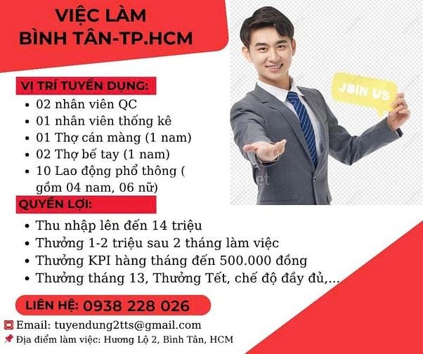 Tuyển NAM NỮ LĐPT làm tại xưởng Hương Lộ 2 Bình Tân 