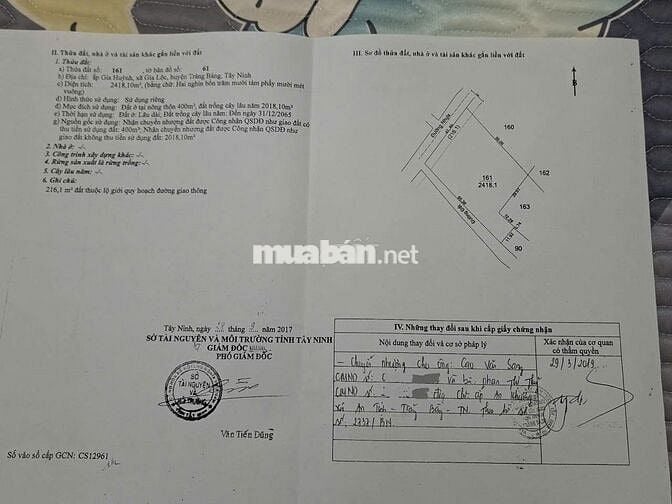 Bán đất khu vực thị xã Trảng Bàng, cua ngân hàng 2800m2