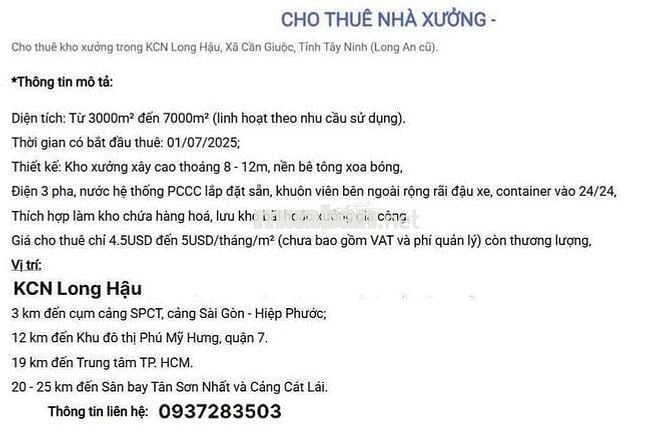 Cho thuê kho, nhà xưởng tại KCN Long Hậu, giá cực chất 120 nghìn/m2, 7