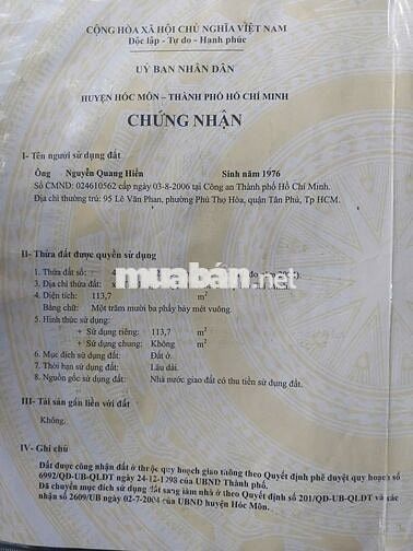 Bán nhà mặt tiền Hóc Môn, chính chủ