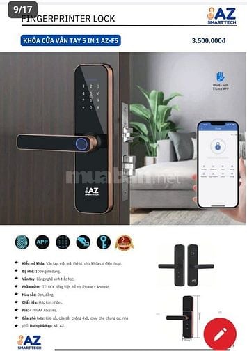Cần bán khoá cửa thông minh 5 trong 1 AZ SMARTTECH