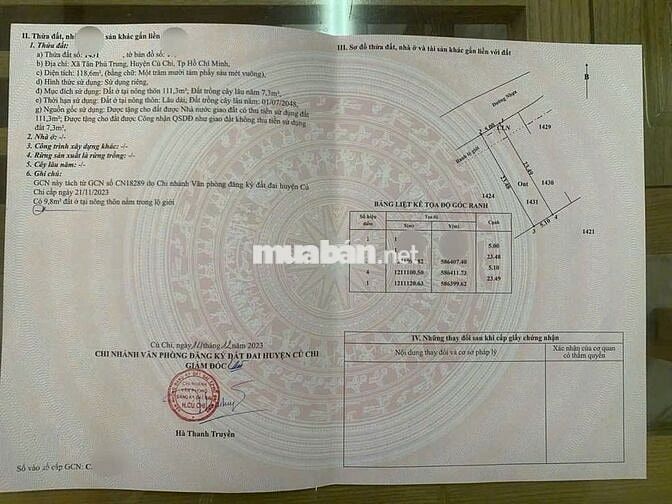 Bán gấp đất 118m2 giá 850tr gần sân vận động Cây Da xã Tân Phú Trung