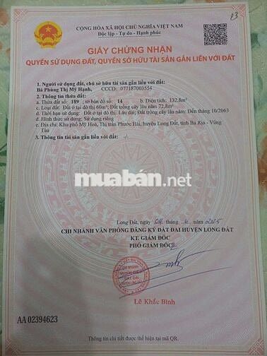 BÁN ĐẤT THỊ TRẤN PHƯỚC HẢI - TP HCM.DT 133m2(5×27) SÁT ĐT 996C