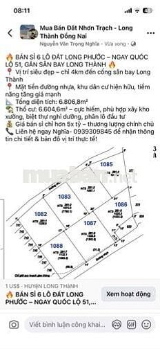 BÁN SỈ 6 LÔ ĐẤT LONG PHƯỚC – NGAY QUỐC LỘ 51, GẦN SÂN BAY LONG THÀNH