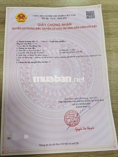 CHÍNH CHỦ BÁN NHÀ TRỆT LẦU MẶT TIỀN HỒ BÚN XÁNG PHƯỜNG TÂN AN, TP CẦN