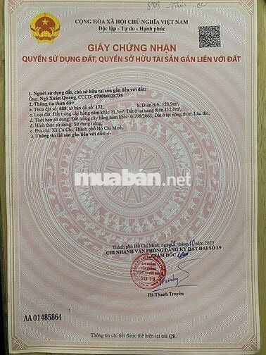 Đất ở khu dân cư hiện hữu - Phước Vĩnh An: 123m2 (5x25) . Giá 1 tỷ 350