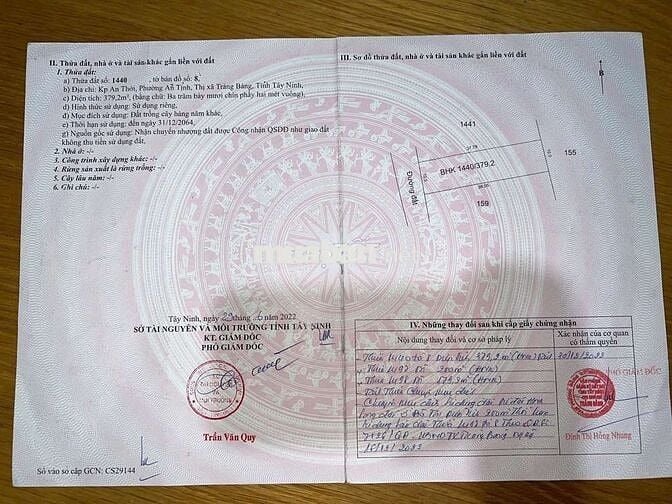 Đất Thị Xã Trảng Bàng ,DT 380m2 Giá 750tr gần ngã tư An Bình, SHR