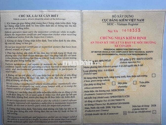 Mercedes Sprinter 16 chỗ đời 2008 chính chủ