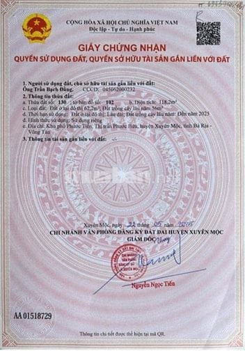 Đất sổ hồng mặt tiền đường Hùng Vương TT Phước Bửu Xuyên mộc Bà RịTT P