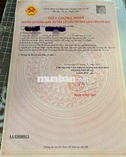 Đất 81,5m(ngang 5m) ,gần trường cấp 2 Tân Bình,TP Dĩ An