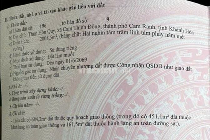 Đất sổ đỏ QL1A 2800m2 Cam Ranh Khánh Hoà 