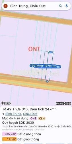 Cần bán lô đất 247m2, có 80m2 thổ cư, MT Hàng 6, Bình Trung, BRVT