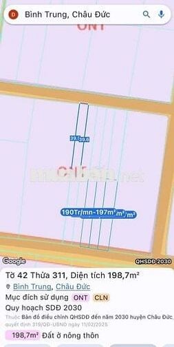 Cần bán lô đất 247m2, có 80m2 thổ cư, MT Hàng 6, Bình Trung, BRVT