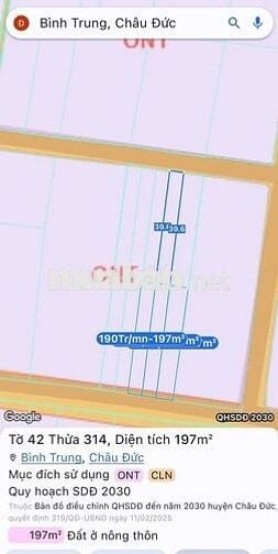 Cần bán lô đất 247m2, có 80m2 thổ cư, MT Hàng 6, Bình Trung, BRVT