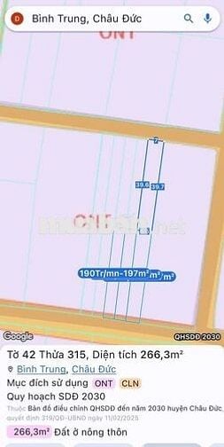 Cần bán lô đất 247m2, có 80m2 thổ cư, MT Hàng 6, Bình Trung, BRVT