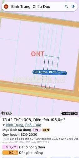 Cần bán lô đất 247m2, có 80m2 thổ cư, MT Hàng 6, Bình Trung, BRVT