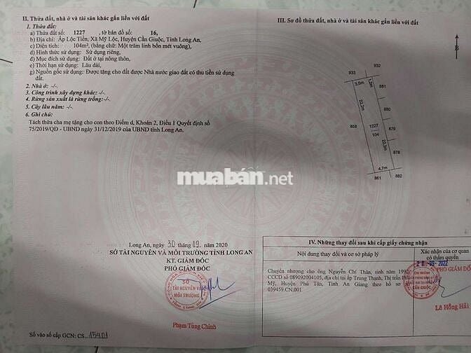 Chính chủ cần bán gấp lô đất thổ cư Lộc Tiền, Mỹ Lộc, Cần Giuộc