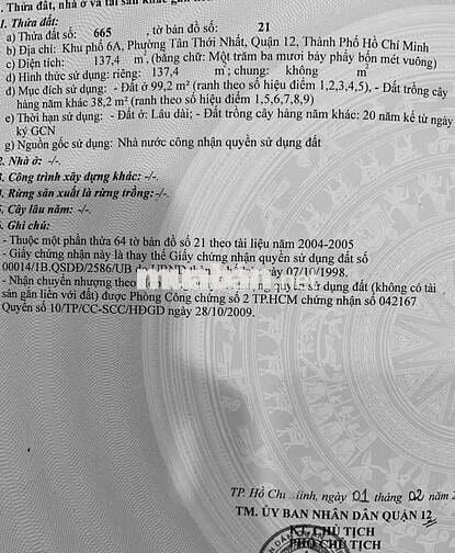 Cần bán gấp lô đất PTTN Q12 Cũ .DT 8 x17 thổ cư . xây dựng tự do