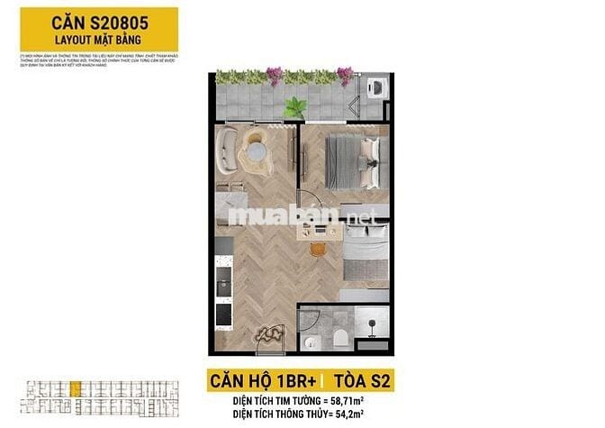 Độc quyền căn 1BR+ view sông tầng 9 giá góc cdt