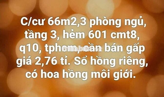 Cần bán gấp c/cư 66m2, 3 phòng ngủ q10