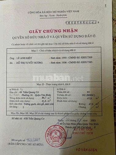 Cần bán nhà MTKD Trần Quang Cơ, Q. Tân Phú.