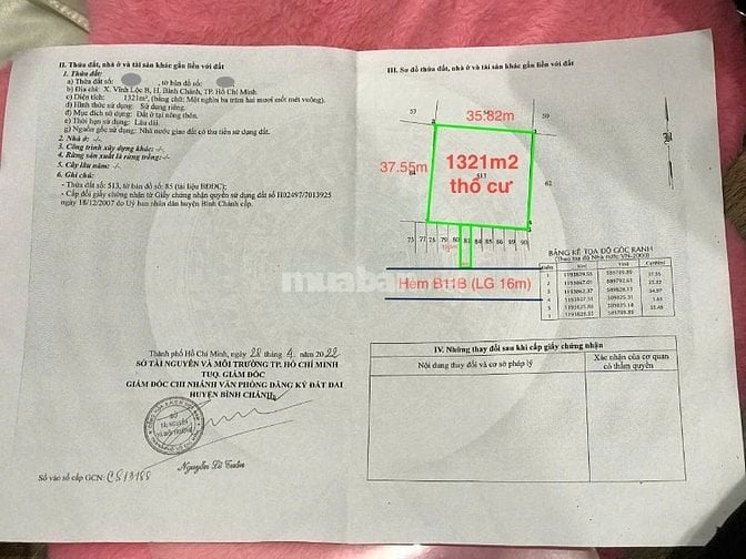 Bán lô đất 2 mặt tiền DT 1321m2 full thổ cư, kdc hiện hữu thông thoáng