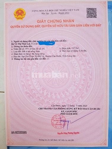 Bán 2 lô đất thổ cư 137.9m2 và 140 m2 liền kề shr, MT đường 9m, CĐ, LA