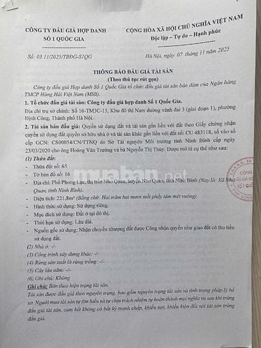 Công ty Đấu giá Hợp danh Số 1 Quốc Gia đăng thông báo bán đấu giá 