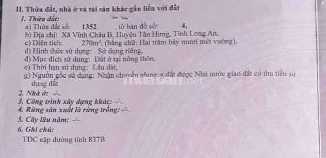 Nền thổ cư 270m2 (10x27) MT đường tỉnh 837B xã Vĩnh Thạnh Giá 510tr
