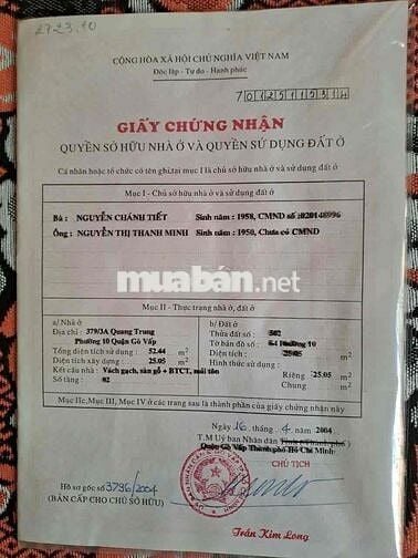 BÁN NHÀ ĐẸP GẦN MẶT TIỀN ĐƯỜNG QUANG TRUNG, P10 GÒ VẤP – GIÁ 3TỈ500