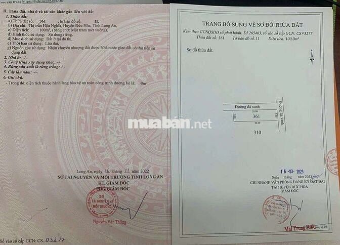 Bán đất hậu nghĩa 100m2 lô góc 2mt chính chủ 850tr