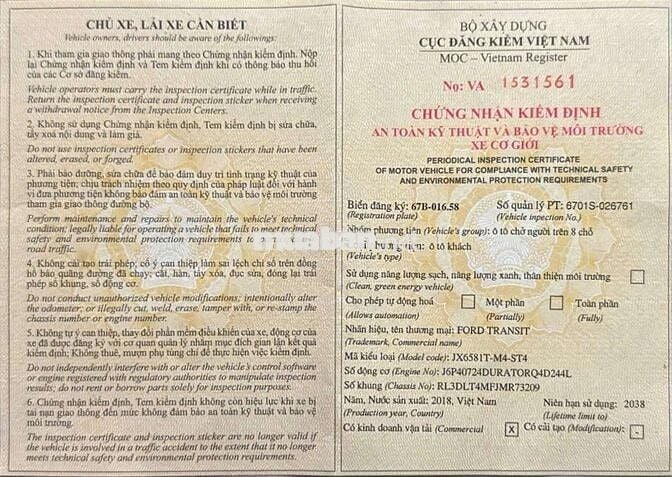 TRANSIT SVP 2018 KO DỊCH VỤ 175000KM BẢO HÀNH 1NAM