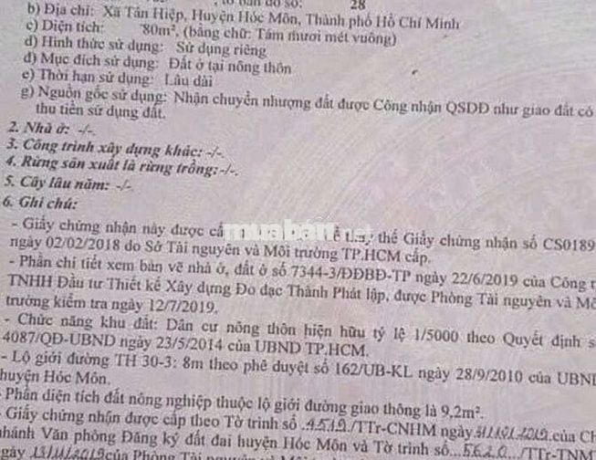 Bán đất Tân Hiệp, đường Ô Tô vào tới đất, 5m x 20m, nở hậu 5,7m