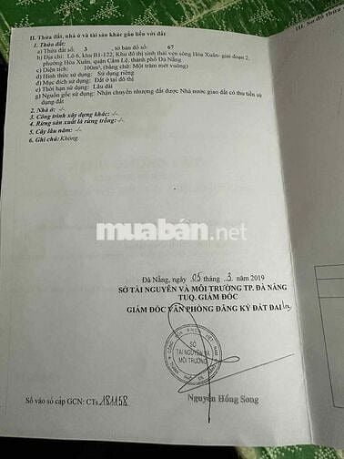 Đất 5x20, Mai Chí Thọ, Hoà Xuân, Đà Nẵng. Tây bắc đường 10m5 vỉa hè 5m