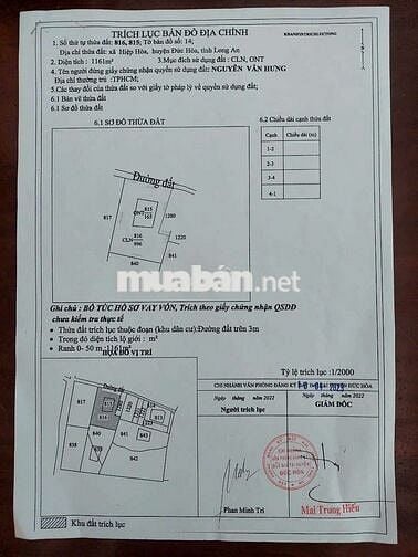Cần bán lô đất diện tích: 1161m2.  Ở Xã Hiệp Hòa, Đức Hòa, Long An.