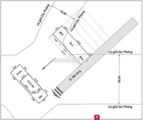 Lô đất nở hậu 7.5*25m, tổng diện tích 186m2, thổ cư 98m2
