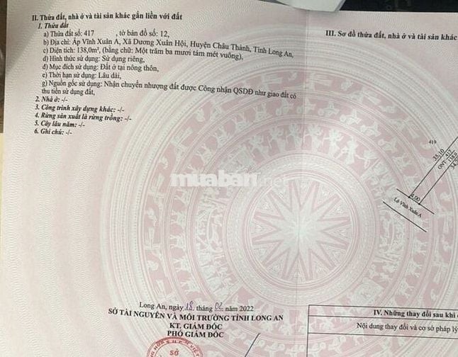 Đất chính chủ sổ đỏ full thổ cư 138m2 Dương Xuân Hội, Long An