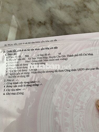 Bán 125m2 đất thổ cư có sẵn50m2 thổ mặt tiền đường TamThônHiệp,Cần Giờ