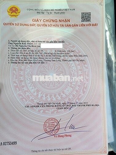 BÁN 191.3m² ĐẤT FULL THỔ CƯ SẴN SỔ - 2 MẶT TIỀN TỈNH LỘ 52 HÒA LONG