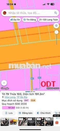 BÁN 191.3m² ĐẤT FULL THỔ CƯ SẴN SỔ - 2 MẶT TIỀN TỈNH LỘ 52 HÒA LONG