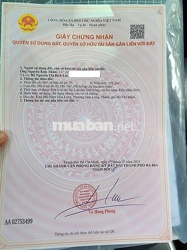 BÁN 191.3m² ĐẤT FULL THỔ CƯ SẴN SỔ - 2 MẶT TIỀN TỈNH LỘ 52 HÒA LONG