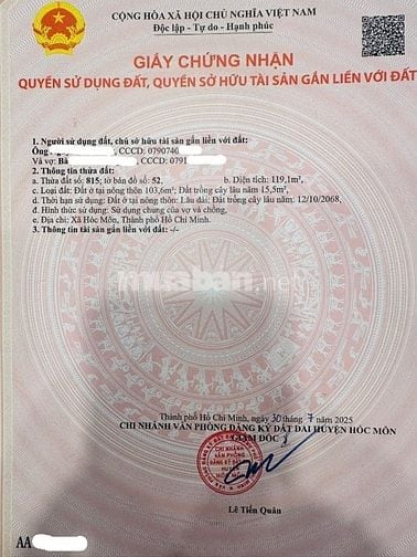 C/c bán lô 5x23m2, 103m2 thổ cư, 1 sẹc T.Tr Tân Hiệp, sát TT Hóc Môn 