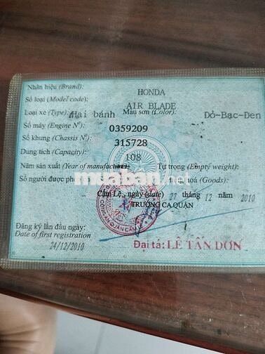 Honda Airblade Fi 2010 giấy tờ đầy đủ