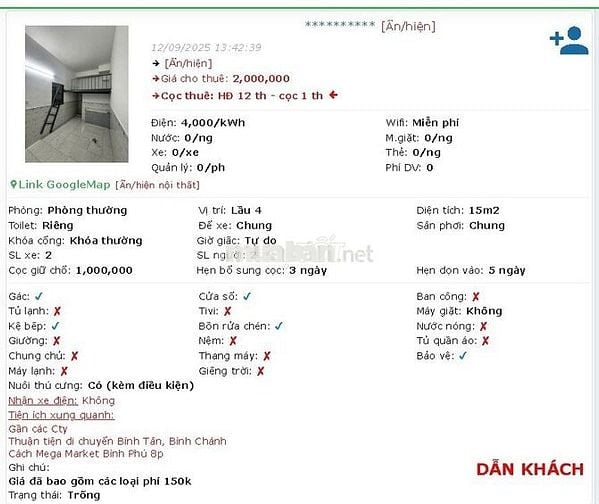 Cho thuê phòng trọ Phường Tân Tạo A, Quận Bình Tân